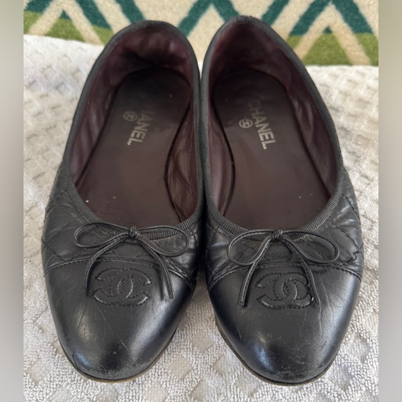 Chanel Quilted Black Leather CC Cap Toe Bow Ballet Flats Size 40 US 10 *READ* - Picture 3 of 16